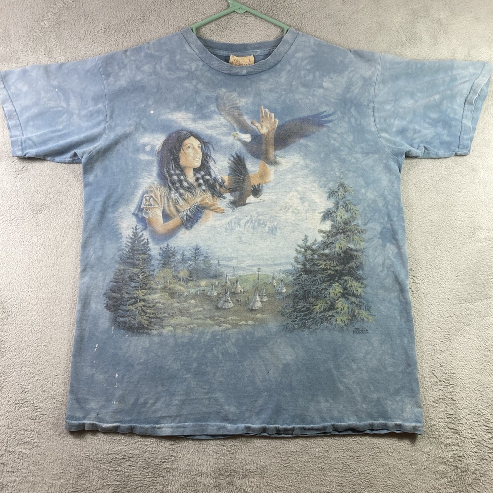Vintage 90s The Mountain Shirt Adult Large Blue Indian Eagle Graphic Tee READ